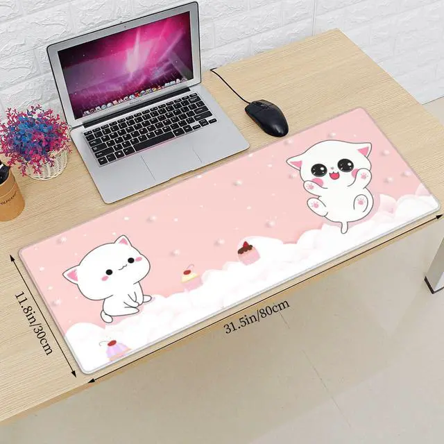 Alt view image 2 of 7 - Pink Kawaii Cat Little Kittens Gaming Mouse Pad XL Non Slip Rubber Base Mousepad, Stitched Edges Desk Pad 31.5 X 11.8 Inch