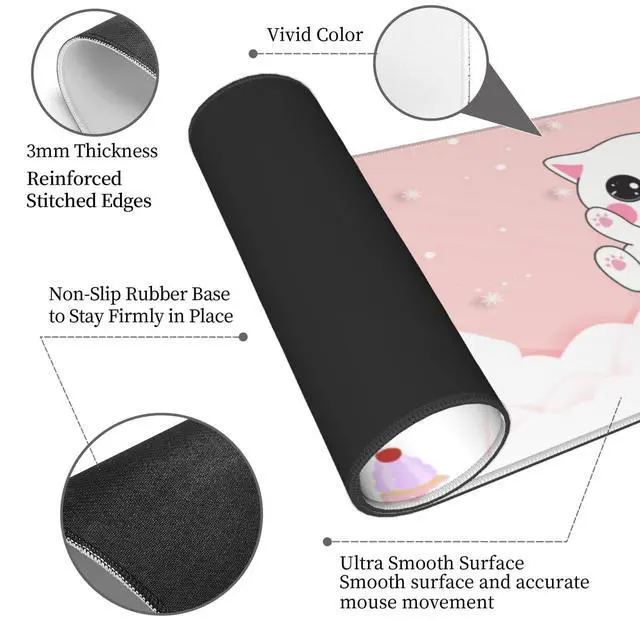 Alt view image 3 of 7 - Pink Kawaii Cat Little Kittens Gaming Mouse Pad XL Non Slip Rubber Base Mousepad, Stitched Edges Desk Pad 31.5 X 11.8 Inch