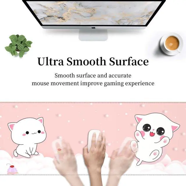 Alt view image 4 of 7 - Pink Kawaii Cat Little Kittens Gaming Mouse Pad XL Non Slip Rubber Base Mousepad, Stitched Edges Desk Pad 31.5 X 11.8 Inch