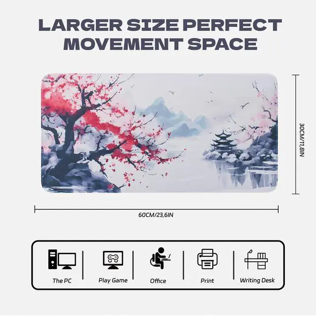 Alt view image 5 of 7 - Large Sakura Mouse Pad, Japanese Cherry Blossom Desk Mat, Pink Extended Non-Slip Keyboard Mouse Pad Waterproof Office Desk Pad 23.6"x11.8" Anime Mouse Pads Desktop Protector for Office Home