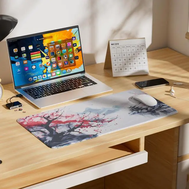 Alt view image 7 of 7 - Large Sakura Mouse Pad, Japanese Cherry Blossom Desk Mat, Pink Extended Non-Slip Keyboard Mouse Pad Waterproof Office Desk Pad 23.6"x11.8" Anime Mouse Pads Desktop Protector for Office Home