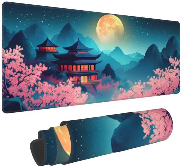 Main image of Cherry Blossoms and Moon Gaming Mouse Pad, Large Non-Slip Rubber Base Mousepad XL 31.5x11.8in, Keyboard Mouse Mat, Desk Pad with Stitched Edges for Gamer Home&Office