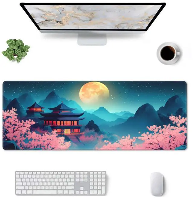 Alt view image 3 of 7 - Cherry Blossoms and Moon Gaming Mouse Pad, Large Non-Slip Rubber Base Mousepad XL 31.5x11.8in, Keyboard Mouse Mat, Desk Pad with Stitched Edges for Gamer Home&Office