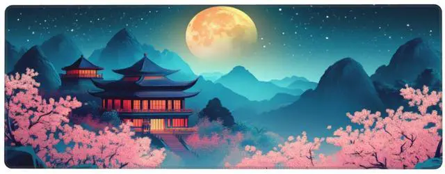Alt view image 2 of 7 - Cherry Blossoms and Moon Gaming Mouse Pad, Large Non-Slip Rubber Base Mousepad XL 31.5x11.8in, Keyboard Mouse Mat, Desk Pad with Stitched Edges for Gamer Home&Office