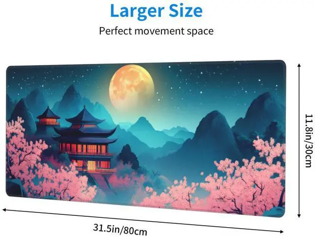 Alt view image 4 of 7 - Cherry Blossoms and Moon Gaming Mouse Pad, Large Non-Slip Rubber Base Mousepad XL 31.5x11.8in, Keyboard Mouse Mat, Desk Pad with Stitched Edges for Gamer Home&Office