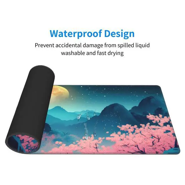 Alt view image 5 of 7 - Cherry Blossoms and Moon Gaming Mouse Pad, Large Non-Slip Rubber Base Mousepad XL 31.5x11.8in, Keyboard Mouse Mat, Desk Pad with Stitched Edges for Gamer Home&Office