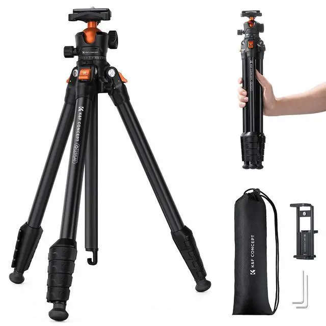 Main image of 63" Aluminum Travel Tripod for Camera w Phone Holder, Non-Reversible Lightweight Compact Tripod Weighs 2.6lb, Max Load 22lb for Camera DSLR Mirrorless Spotting Scope Camcorders Phone