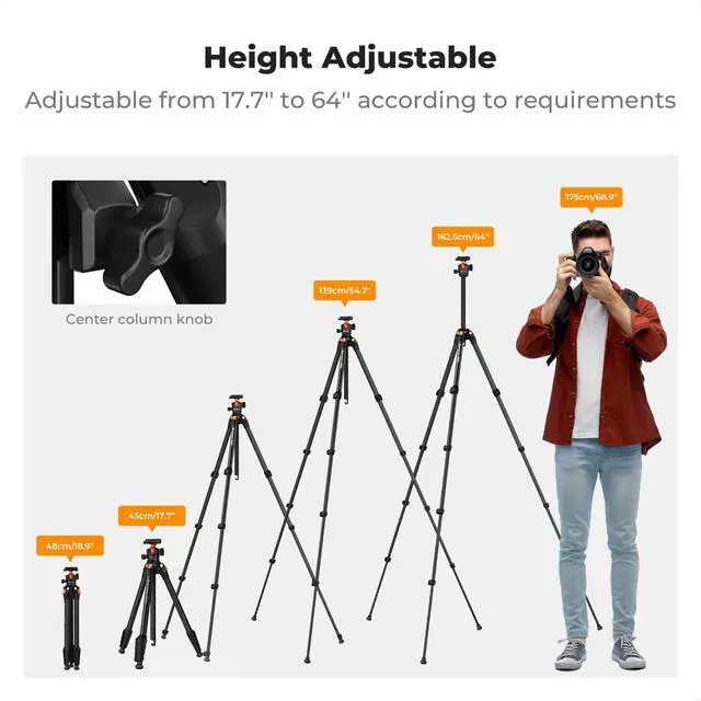 Alt view image 6 of 7 - 63" Aluminum Travel Tripod for Camera w Phone Holder, Non-Reversible Lightweight Compact Tripod Weighs 2.6lb, Max Load 22lb for Camera DSLR Mirrorless Spotting Scope Camcorders Phone