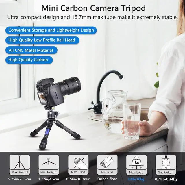 Alt view image 2 of 7 - Mini Carbon Fiber Tripod Lightweight Compact Travel Carbon Tripod Portable Table Camera Tripod for DSLR Digital Camcorder Max Load 22lb/10kg