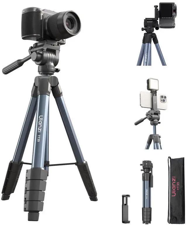 Main image of TT39 Camera Tripod with Vertical/Horizontal Switching, 61'' Lightweight Tripod Stand for Cell Phone & DSLR with Travel Bag and Phone Holder, Height Adjustable for Vlogging and Video Recording