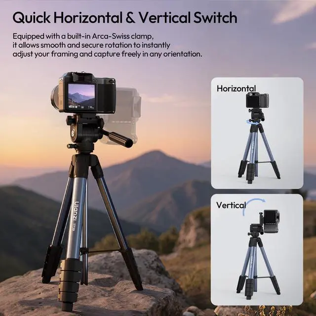 Alt view image 2 of 7 - TT39 Camera Tripod with Vertical/Horizontal Switching, 61'' Lightweight Tripod Stand for Cell Phone & DSLR with Travel Bag and Phone Holder, Height Adjustable for Vlogging and Video Recording