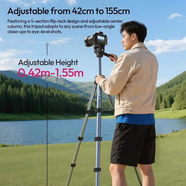 Alt view image 4 of 7 - TT39 Camera Tripod with Vertical/Horizontal Switching, 61'' Lightweight Tripod Stand for Cell Phone & DSLR with Travel Bag and Phone Holder, Height Adjustable for Vlogging and Video Recording