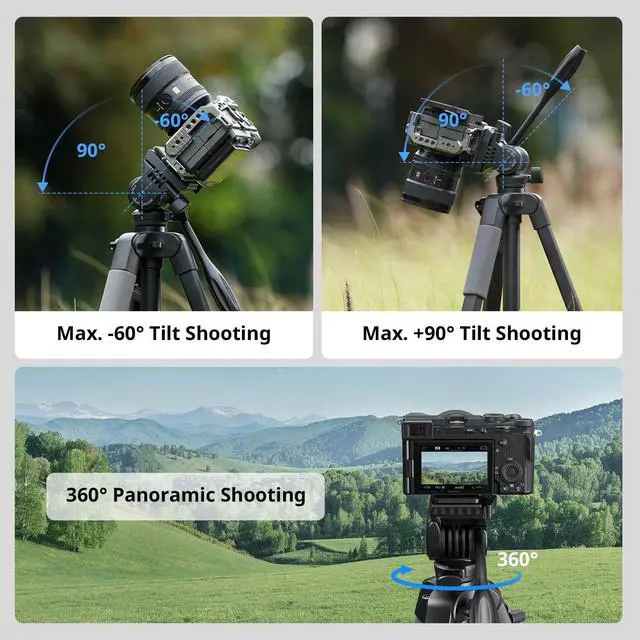 Alt view image 3 of 7 - CT-07 Aluminum Camera Tripod Stand, 63.4" Travel Tripod for iPhone and Cameras, Phone Tripods with Quick-Switch Vertical/Horizontal Mount, Adjustable Angles & Max. 4kg Load