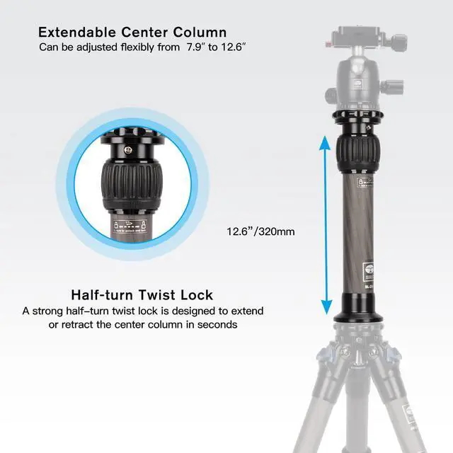 Alt view image 3 of 7 - SL-200 Carbon Fiber Tripod Extension Pole, Two-Section Center Column Extender for Tripods
