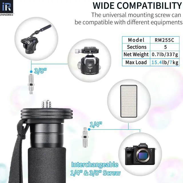 Alt view image 2 of 7 - Carbon Fiber Camera Monopod INNOREL RM255C Professional Portable Compact Lightweight Travel 5-Section Monopod for Canon Nikon Sony DSLR Camera Video Camcorder DV Photography Bracket Load 15lbs/7kg