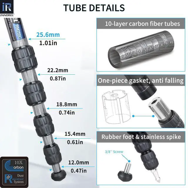 Alt view image 3 of 7 - Carbon Fiber Camera Monopod INNOREL RM255C Professional Portable Compact Lightweight Travel 5-Section Monopod for Canon Nikon Sony DSLR Camera Video Camcorder DV Photography Bracket Load 15lbs/7kg