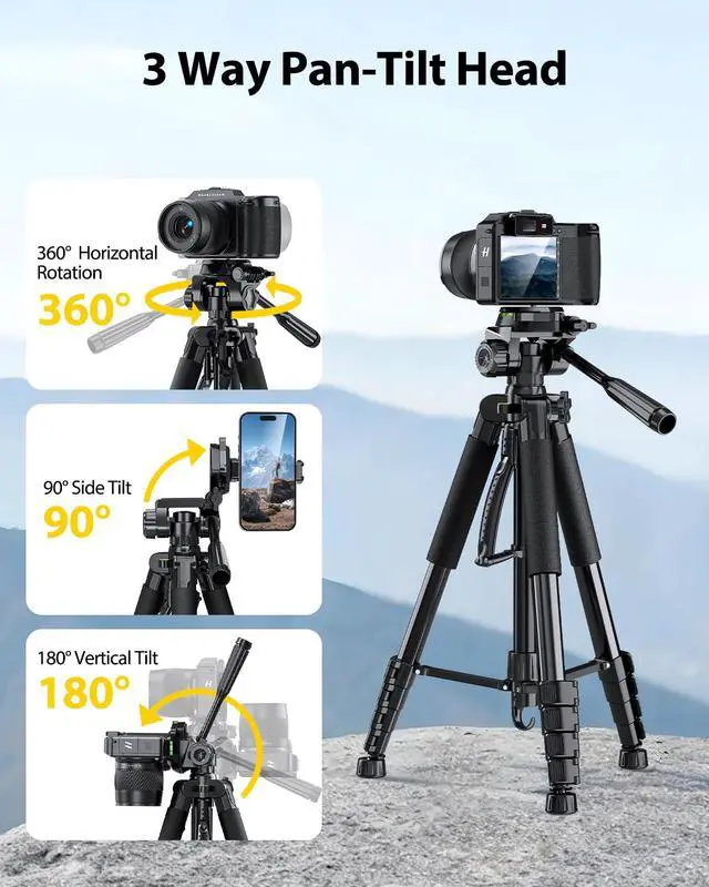Alt view image 4 of 7 - 67 Camera Tripod with Travel Bag, Cell Phone Tripod with Bluetooth Remote and Phone Holder, Compatible with All Cameras, Cell Phones, Projector, Webcam, Spotting Scopes