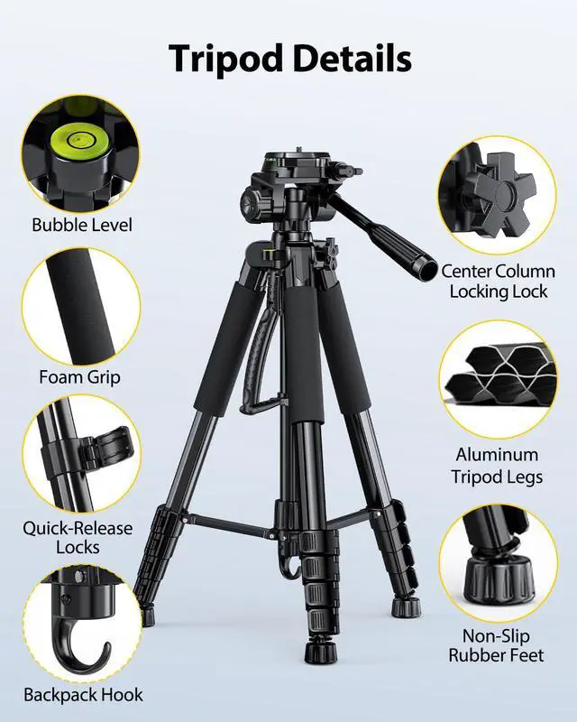 Alt view image 6 of 7 - 67 Camera Tripod with Travel Bag, Cell Phone Tripod with Bluetooth Remote and Phone Holder, Compatible with All Cameras, Cell Phones, Projector, Webcam, Spotting Scopes