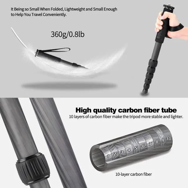 Alt view image 2 of 7 - Carbon Fiber Monopod, 6-Section Portable Compact Camera Monopod Unipod Stick. Max Load 22lbs/10kg - MP286C