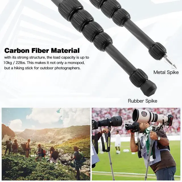 Alt view image 5 of 7 - Carbon Fiber Monopod, 6-Section Portable Compact Camera Monopod Unipod Stick. Max Load 22lbs/10kg - MP286C