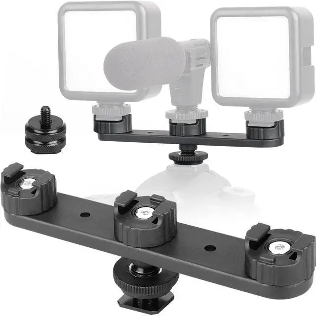 Main image of Triple Cold Shoe Extension Mount Hot Shoe Base Adapter Extension Bar Bracket with 1/4 Screw for Tripod/Microphone/LED Light Compatible with Canon Sony Cameras