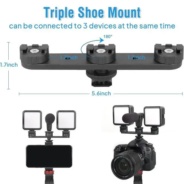 Alt view image 2 of 7 - Triple Cold Shoe Extension Mount Hot Shoe Base Adapter Extension Bar Bracket with 1/4 Screw for Tripod/Microphone/LED Light Compatible with Canon Sony Cameras
