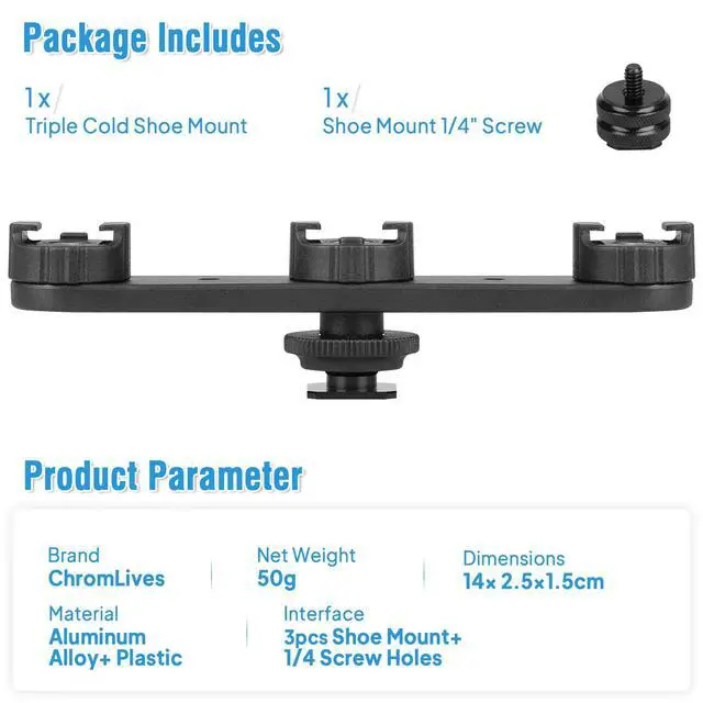 Alt view image 4 of 7 - Triple Cold Shoe Extension Mount Hot Shoe Base Adapter Extension Bar Bracket with 1/4 Screw for Tripod/Microphone/LED Light Compatible with Canon Sony Cameras