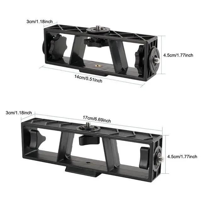 Alt view image 2 of 7 - 2 Pack Flash Bracket Triple Phone Holder Extension Bar Adapter with 1/4'' Mount 3 Position Splitter for Camera Tripod Portable Photography Lighting Selfie Light Stand Video Lights Phone Clips