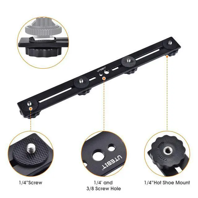Alt view image 2 of 7 - 11 inch Flash Bracket, Long Dual Camera Mount Flash Bracket Extension Bar with 1/4 Hot Shoe, Straight Flash Brackets 1/4- 3/8 Thread Hole Tripod Mount for Camera/LED Light/Microphone