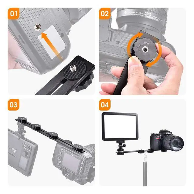 Alt view image 5 of 7 - 11 inch Flash Bracket, Long Dual Camera Mount Flash Bracket Extension Bar with 1/4 Hot Shoe, Straight Flash Brackets 1/4- 3/8 Thread Hole Tripod Mount for Camera/LED Light/Microphone
