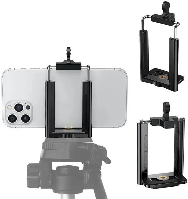 Main image of Tripod Phone Mount 1/4" Screw Adapter, Compatible with iPhone Samsung and Cell Phones, Adjustable Smartphone Holder Attachment Clip for Tripod Camera Stand, Sturdy Universal Clamp (Black)