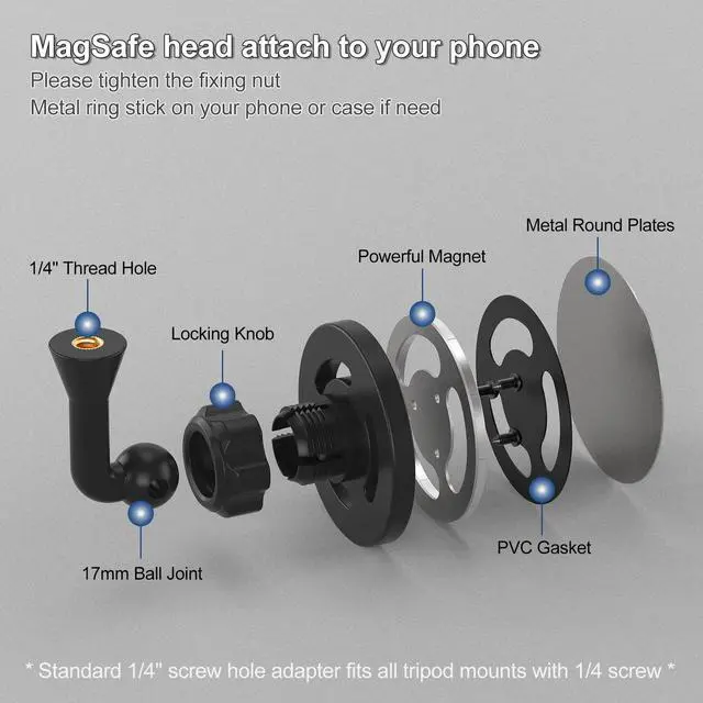 Alt view image 3 of 7 - Magnetic Phone Tripod Mount Adapter with 1/4"-20 Screw Hole, Compatible with Magsafe for iPhone 17/16/15/14/13 Plus Pro Max Mini Series, Adjustable Phone Holder for Tripod, Ring Light, Selfie Sticks