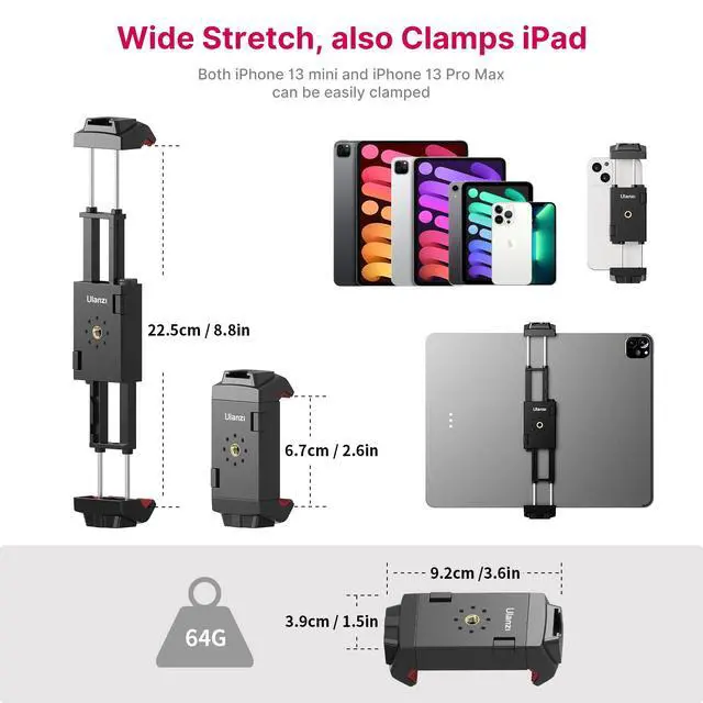 Alt view image 2 of 7 - ST-29 Phone Tripod Mount, Universal 2-in-1 Tablet Smartphone Holder Adapter with Cold Shoe Mount, 2.6"-8.8" Extend Clip Clamp Compatible with iPad, iPhone, Samsung Galaxy and More