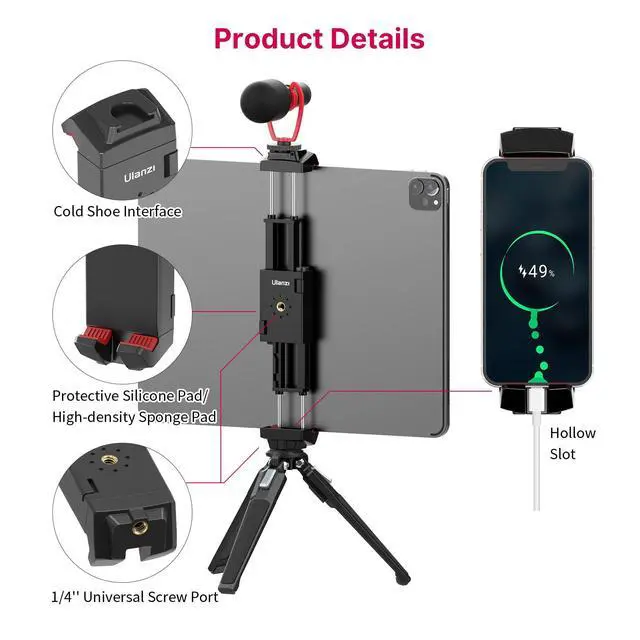 Alt view image 3 of 7 - ST-29 Phone Tripod Mount, Universal 2-in-1 Tablet Smartphone Holder Adapter with Cold Shoe Mount, 2.6"-8.8" Extend Clip Clamp Compatible with iPad, iPhone, Samsung Galaxy and More