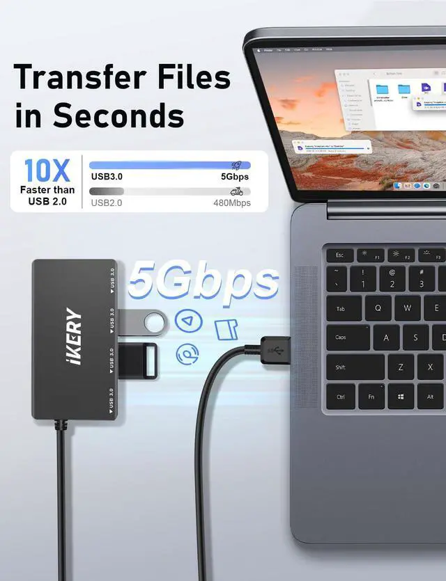 Alt view image 3 of 7 - 4-Port USB 3.0 Hub, High Speed 5Gbps Data Transfer Hub for Laptop, PC, MacBook - Portable Type-A Ports with 2ft Extended Cable