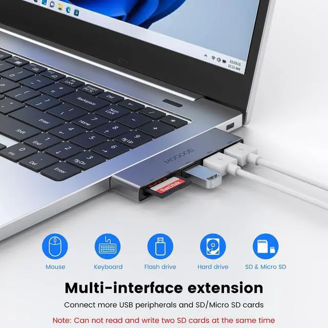 Alt view image 2 of 6 - 5-Port USB Hub USB Splitter for Laptop USB 3.0 Dual Slot Flash Memory Card Reader for Camera USB Hub Multiport Adapter with 1USB 3.0 & 2USB 2.0,SD/TF Card Reader for Dell, Asus,HP,MacBook Air