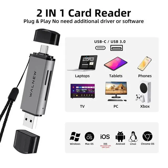 Alt view image 2 of 7 - SD Card Reader, WALNEW USB 3.0 and USB-C to SD/TF Memory Card Adapter for Mac,MacBook,Computer/PC,Laptop,iPad 10,iPhone 15 Pro/Max,Samsung Galaxy Android Phone,Support UHS-I SDHC/SDXC/MicroSD