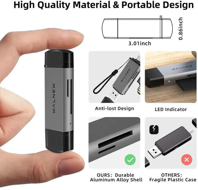 Alt view image 6 of 7 - SD Card Reader, WALNEW USB 3.0 and USB-C to SD/TF Memory Card Adapter for Mac,MacBook,Computer/PC,Laptop,iPad 10,iPhone 15 Pro/Max,Samsung Galaxy Android Phone,Support UHS-I SDHC/SDXC/MicroSD