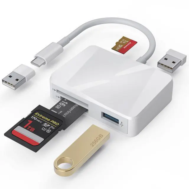 Main image of SD Card Reader, 5 in 1 USB-C & USB Card Adapter with SD/MicroSD/MS and Dual USB-A Ports Memory Card Reader for iPhone 17/16/15 Pro Max iPad MacBook Pro/Air M4/M3 Android Phone/Tablet PC (White)
