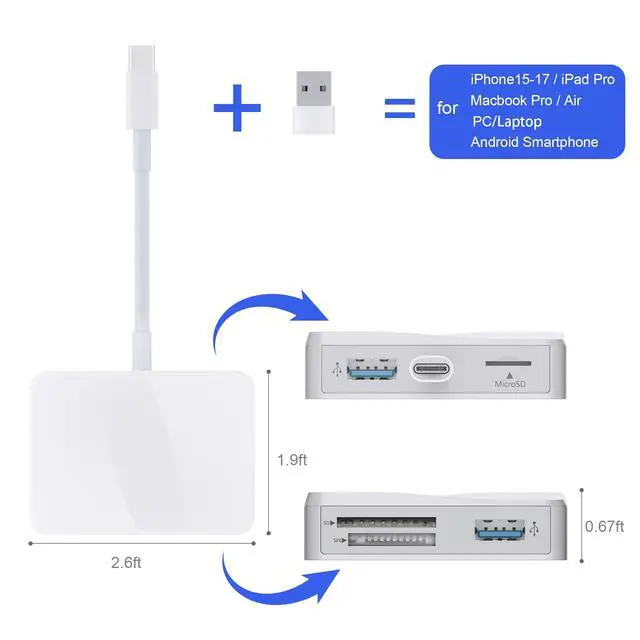 Alt view image 3 of 7 - SD Card Reader, 5 in 1 USB-C & USB Card Adapter with SD/MicroSD/MS and Dual USB-A Ports Memory Card Reader for iPhone 17/16/15 Pro Max iPad MacBook Pro/Air M4/M3 Android Phone/Tablet PC (White)