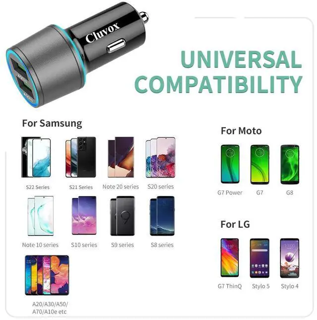 Alt view image 4 of 7 - Rapid USB C Car Charger, Compatible for Samsung Galaxy S26/S25 Plus/Ultra/S24/S23/S22/S21/Note 20/10/S20/S10+/S9/A56/A36/A50/A70, Quick Charge 3.0 Dual USB 18W Fast Car Charger+ Type C Cable 3.3ft