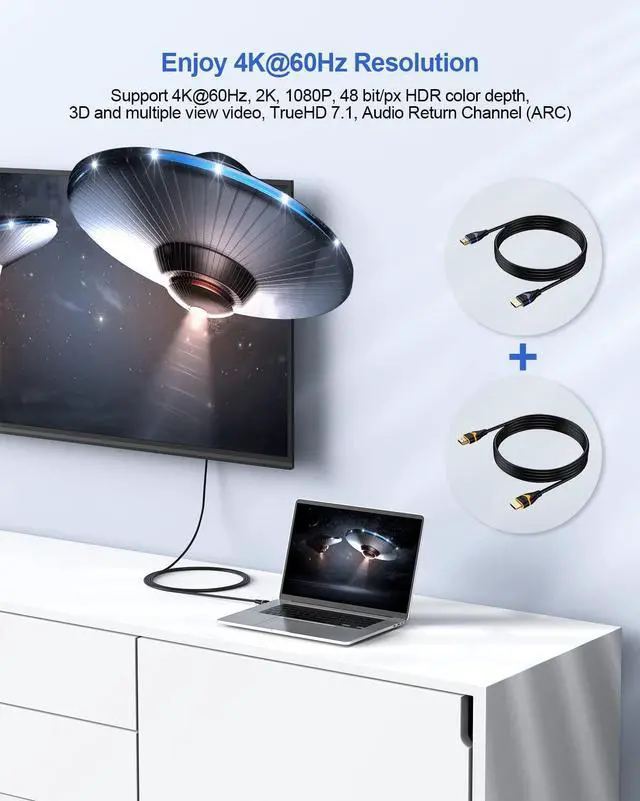 Alt view image 2 of 7 - 4K HDMI Cable 6.6FT 2-Pack, HDMI to HDMI Cable High Speed HDMI Cord 2.0 Ultra HD 4K@60Hz, 2K@144Hz, HDR, 3D, Dolby, HDCP 2.2, ARC for PS5, PS4, HDTV, Monitor, Xbox, Blu-ray, Laptop
