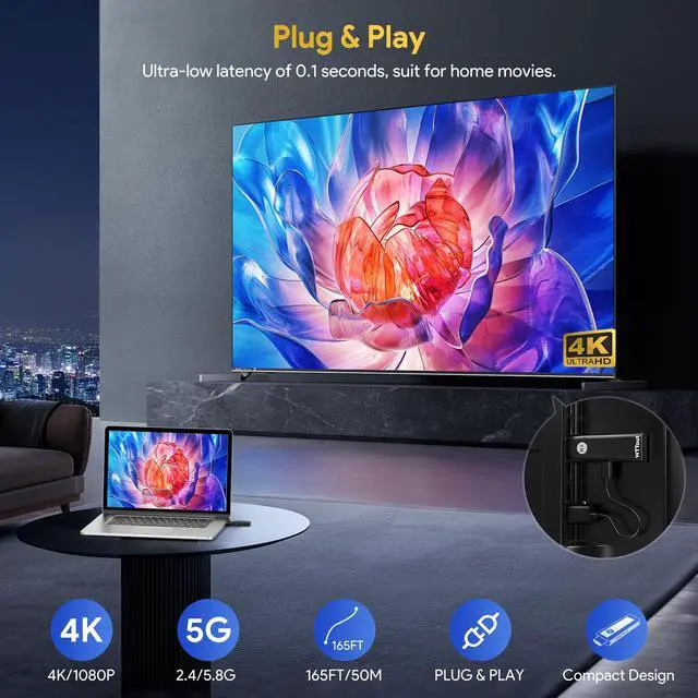 Alt view image 3 of 7 - Wireless HDMI Transmitter and Receiver- 4K Decode 1080P Output Plug & Play 165FT Wireless HDMI Extender Kit, 2.4/5.8G Dual-Band for Video Streaming from Laptop/Pc/Tv Box/Projector