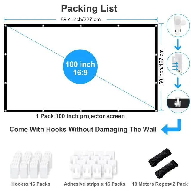 Alt view image 3 of 7 - 100 inch Projector Screen, Foldable Anti-Crease Movie Screen, 1.1 Gain HD 4K Polyester Fabric, Portable Dual Sided Projection 16:9 for Home Theater Camping Backyard & Outdoor Use