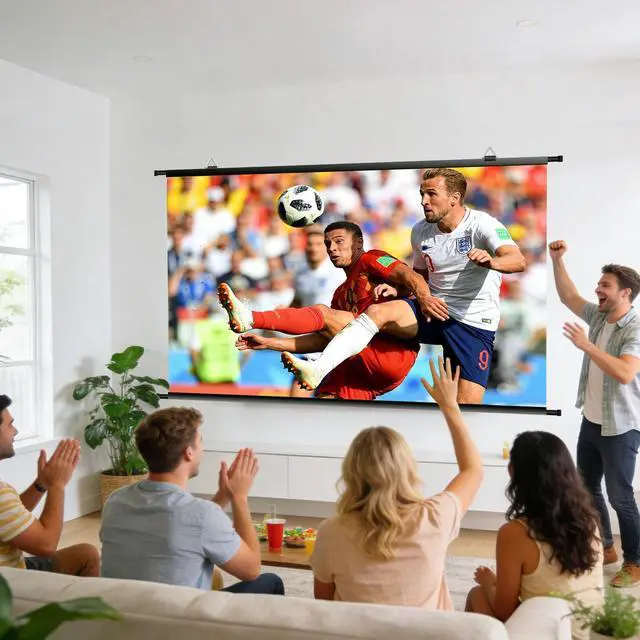 Alt view image 5 of 7 - 110 inch Projector Screen, Portable Movie Projector Screen for Outdoor Indoor with 3 pcs Adhesive Hook, 4K Hanging Projection Screen for Room Wall, No Drilling, Anti-Glare Coating, 16:9 HD