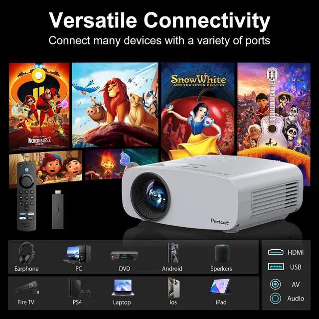 Alt view image 6 of 7 - Projector with WiFi and Bluetooth, Pericat 4K Supported Native 1080P Projector, Portable Movie Outdoor Projector for Home Theater, Mini Projector Compatible with PC, HDMI, USB, TV Stick, PS5
