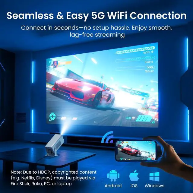 Alt view image 3 of 7 - Mini Projector Native 1080P, Portable Outdoor Movie Projector with WiFi and Bluetooth, 4K Supported, Compatible with Smartphone, HDMI, USB, TV Stick, PS5 for Home Theater, Bedroom, Outdoor Use