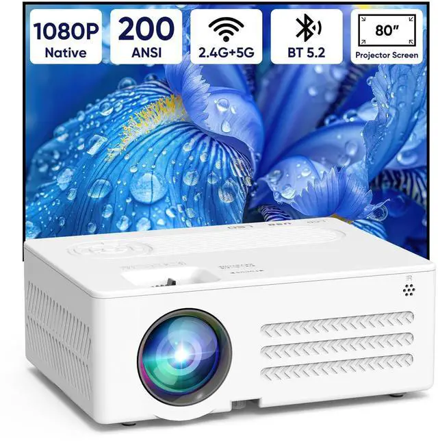 Main image of Mini Projector with WiFi and Bluetooth Native 1080P 4K Support, Portable Movie Projector with Screen, Compatible with Smartphone, HDMI, TV Stick for Home, Bedroom, Outdoor Use