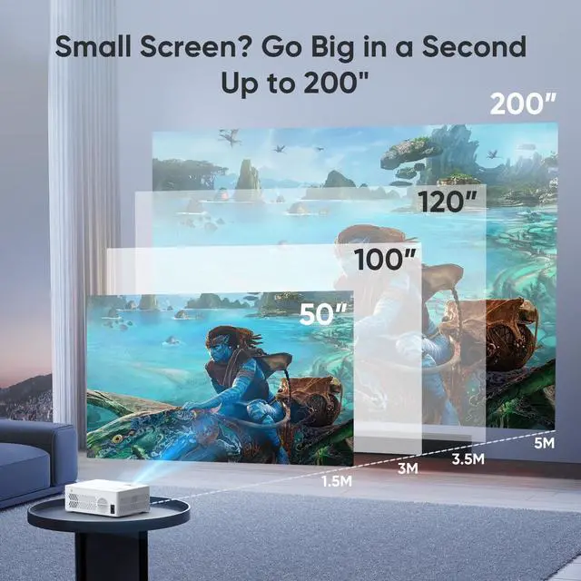 Alt view image 7 of 7 - Mini Projector with WiFi and Bluetooth Native 1080P 4K Support, Portable Movie Projector with Screen, Compatible with Smartphone, HDMI, TV Stick for Home, Bedroom, Outdoor Use