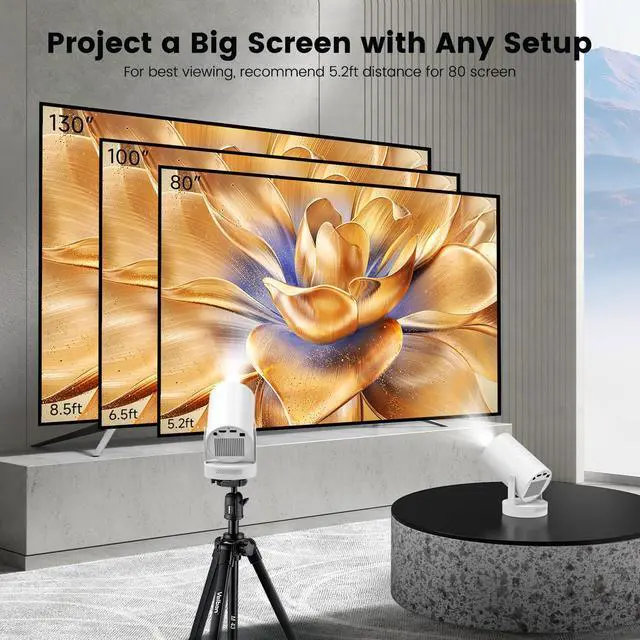 Alt view image 4 of 7 - Mini Projector with WiFi and Bluetooth, Smart Portable Projector with 4K Support, 5w Sound Base Speaker, 260 ANSI, 210° Rotation, Auto Keystone Correction for Home Bedroom Outdoor, HY300 Plus